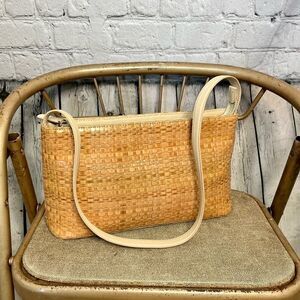 Fossil vintage tan leather woven basketweave shoulder bag structured
